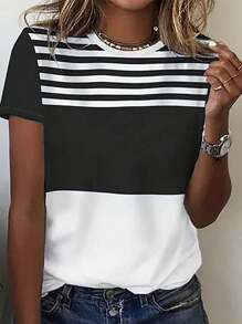 SHEIN LUNE Casual Striped Pattern Round Neck Short Sleeve T-Shirt For Women, Suitable For Summer - Multicolor - View 1