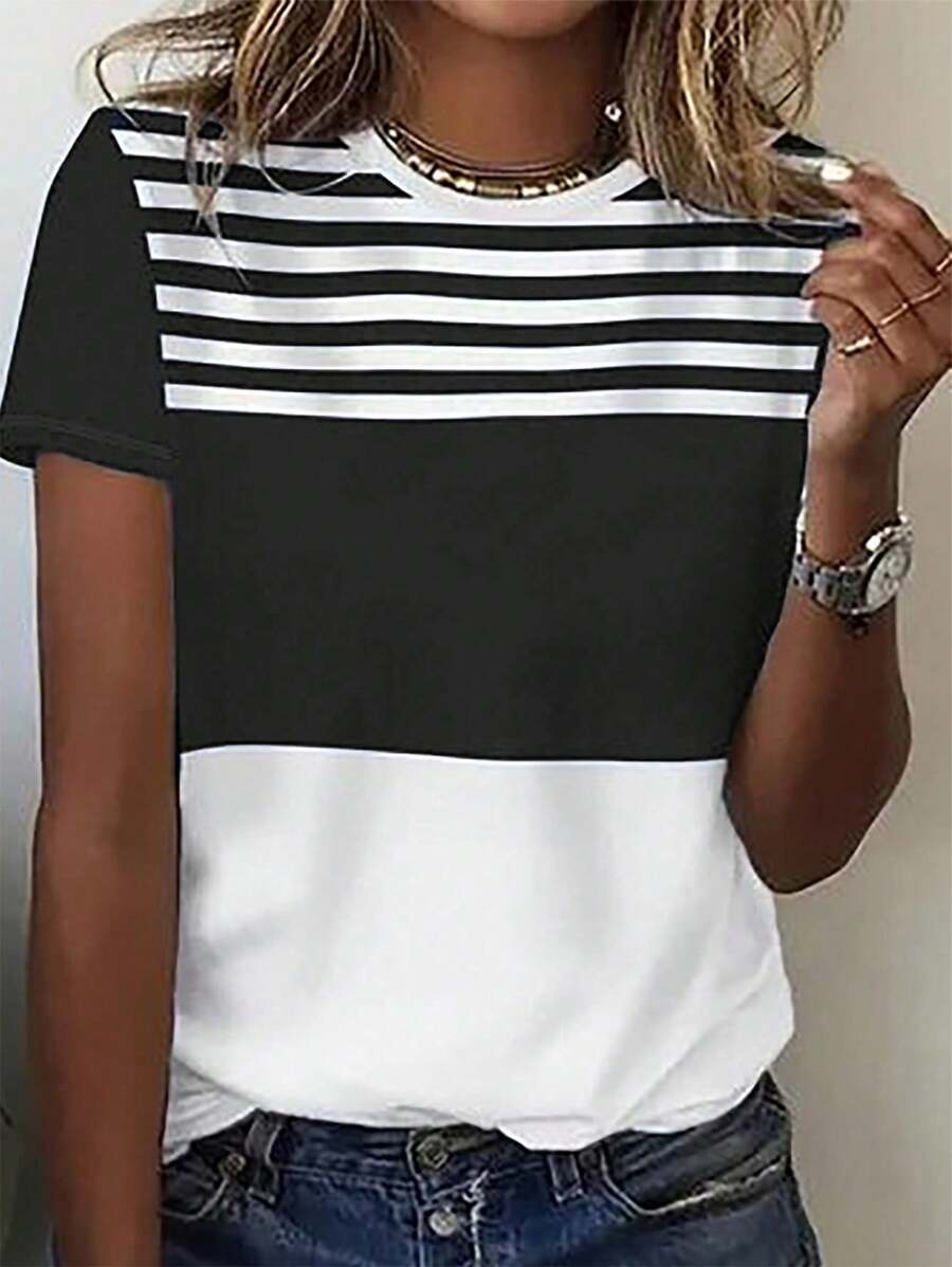 SHEIN LUNE Casual Striped Pattern Round Neck Short Sleeve T-Shirt For Women, Suitable For Summer - Multicolor - View 1