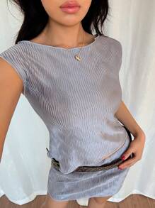 SHEIN Unity 2pcs Women Casual Pleated Sleeveless Crop Top & Mini Skirt Set - Dark Grey - View 5