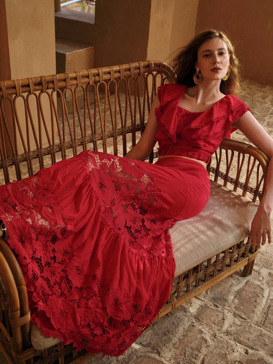 MOTF PREMIUM LINEN CONTRAST LACE SKIRT - Red - View 1