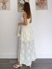 SHEIN Essnce All White Solid Jacquard Flower Applique Shirred Back Slip Long Dress - White - View 5