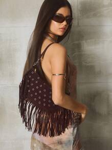 SHECARRY 1 chiếc tua rua phong cách Bohemian trang trí đinh tán theo phong cách phương Tây túi đeo vai nữ - Cà phê - Xem 6