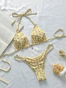 Elavelle Spring Break Women Polka Dot Random Print Metallic Decor Spaghetti Strap Sexy Bikini Beachwear Set For Ladies For Summer Beach Vacation