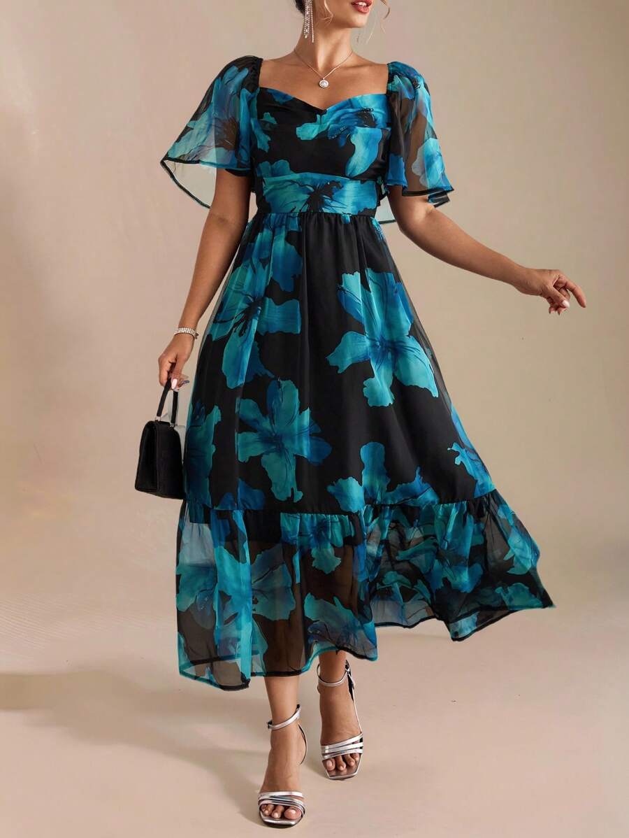 Chikora Vestido elegante de gasa con estampado floral de talla grande, verano, romántico y elegante, vestido verde oscuro - Negro - Ver 1