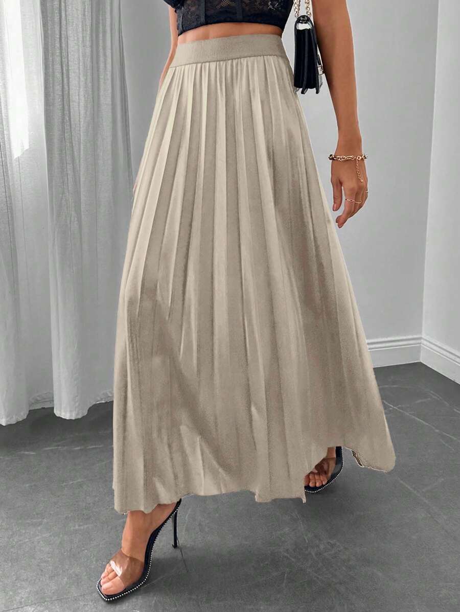 Women's Elastic Waist Pleated Hem Skirt - Bronze - View 1