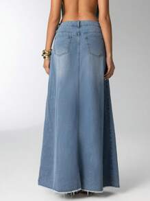Aloruh Women's Casual Low-Waist Bodycon Front Slit Mermaid Hem Denim Maxi Skirt, Night Out - Light Wash - View 2