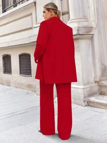 EURMUSE Women's Plus Size Simple Solid Color Daily Suit Set - Red - View 2