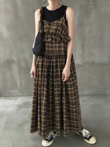 FRIFUL Women's Sleeveless Plaid With Ruffle Patchwork Loose Long Casual Dress Plaid Dress Women Brown Plaid Dress Long Plaid Dress Grunge Dress