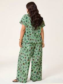 SHEIN LUNE Outfit-Set in Große Größen mit Leoparden-Muster Hemd Top und Hose mit elastischem Bund und Taschen, 2 Teile