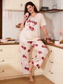 SweetSlumber Conjunto de ropa de dormir de talla grande con estampado de lazo de cereza y cuello redondo cómodo