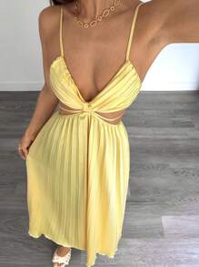 Siren Gaze 女士纯色腰部镂空荷叶边吊带中长连衣裙，优雅时尚女士短裙夏季女士生日装优雅礼服黄色太阳裙柠檬黄褶皱连衣裙镂空太阳裙早午餐裙奶油黄连衣裙 - Butter Yellow - 查看 5