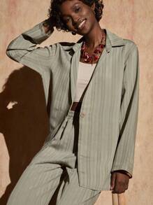 Bóhologie 优质协调纹理棉质面料套装系列，精致两件套套装，现代单扣西装外套，松紧腰裤，奢华轻质材料，专业夏季西装，优雅纹理图案，宽松版型商务休闲组合，百搭中性色调套装 - 卡其色 - 查看 7