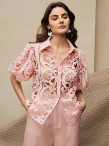 Anewsta Blusa transparente de manga corta con botones frontales y encaje de unicolor, sexy para el verano - Rosa - Ver 4