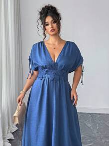 Elenzga Robe longue ample femme de grande taille, col V, taille resserrée par cordon, imprimé floral, élégante et casual pour tous les jours - Bleu azur - Voir 7