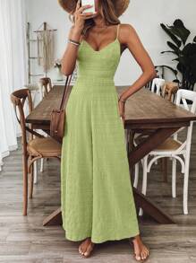 Breezaya 女士 V 领紫红色连体裤、度假和夏装 - 綠色 - 查看 3