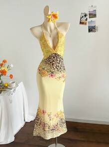 Soleia 度假蕾丝拼布豹纹花卉印花黄色露背鱼尾超长紧身连衣裙