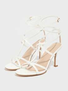 CUCCOO SZL Women's Pointed Toe Sexy PU Shiny Leather Criss-Cross Buckle Strap Roman Party Style Stiletto High Heel Sandals For Christmas - White - View 6