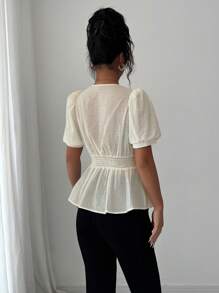 Elenzga 女士纯色休闲交叉甜心领腰带 A 字短袖衬衫，优雅法式浪漫风格，适合日常穿着、工作、度假、派对、春夏季 - 杏色 - 查看 4