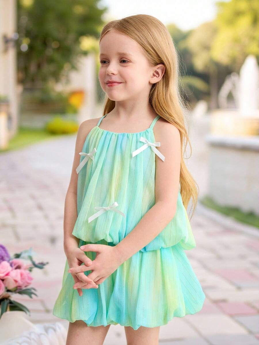 SHEIN Bộ 2 áo yếm ombre và quần short nhún cho bé gái - Màu Hồng Tươi - Xem 1