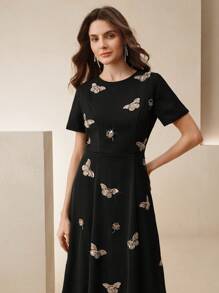 Anewsta Women's Fashion New Short-Sleeve Rhinestone & Sequin Butterfly Elegant Party Dress - Black - View 5