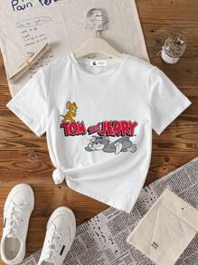 TOM & JERRY X SHEIN Tween Girl 2pcs Cartoon Print Short Sleeve Crew Neck T-Shirt, Summer