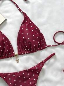 Elavelle Springbreak 女式波尔卡圆点随机印花金属装饰细肩带性感比基尼泳装套装，夏季沙滩装 - 彩色 - 查看 6