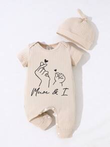 SHEIN 2pcs Newborn Infant Baby Boys Girls Casual Knitted Comfortable Letter Printed Solid Color Envelope Collar Short Sleeve Jumpsuit & Hat Set, Spring/Summer, Mother's Day, Mother & Me Unisex Baby Clothes Neutral New Born Unisex Clothes Newborn Baby Clothing Unisex Newborn Clothing Baby Unisex Clothes - Apricot - View 4