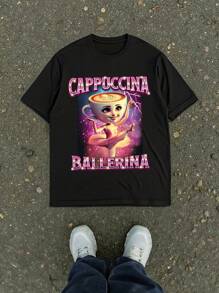 Camiseta de mujer con estampado de bailarina grande en color cappuccino, meme de cerebro en cappuccino, camiseta gráfica de moda minimalista casual y linda con cuello redondo y manga corta, ideal como regalo de cumpleaños