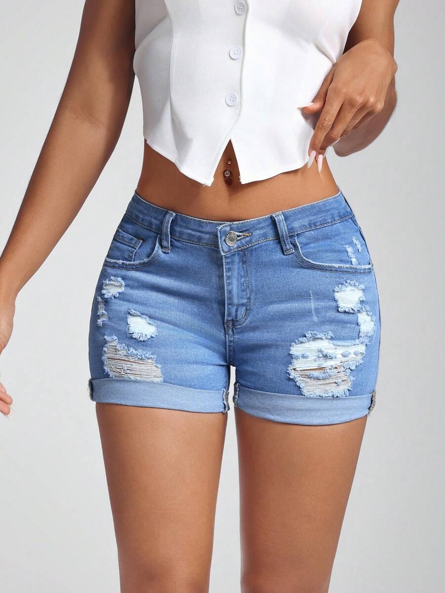 Jeanoix Ripped Roll Up Hem Denim Shorts - Light Wash - View 1