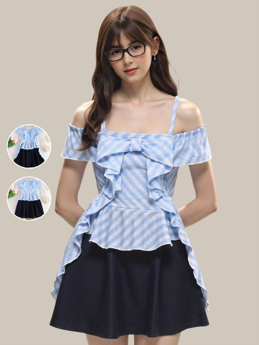 Vestido de línea A con decoración de volantes y moño para niñas preadolescentes con rayas tipo Bardot - Celeste - Ver 1