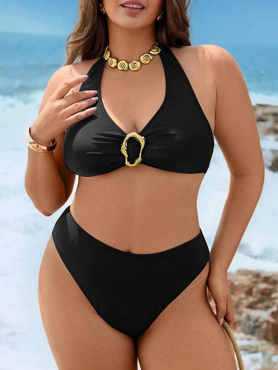 Swim Lushoire 加大码女式纯色不对称系带后背吊带比基尼上衣和三角泳裤两件套泳衣套装，适合海滩、泳池、度假