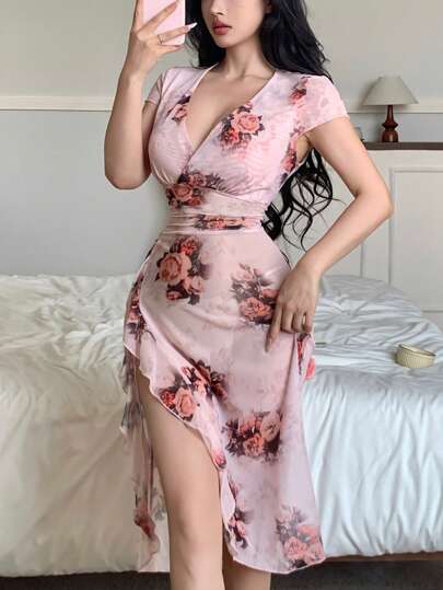 SHEIN Elegant Sexy Floral Print Mesh Long Nightgown For Women