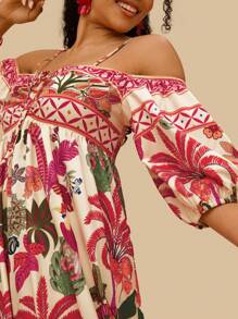 Travachic Plus Size Tropical Print Off Shoulder Long Dress,Summer Dresses For Women - Orange - View 7