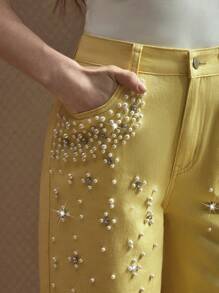 Selenza Women's Solid Color Fashionable Denim Jeans, Suitable For Summer Butter Yellow Jeans With Rhinestone - Yellow - View 7