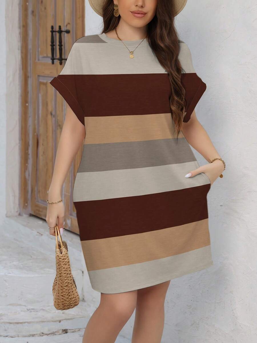 INAWLY Váy cổ tròn tay cánh dơi họa tiết sọc tương phản cỡ lớn, mùa hè - Nhiều màu - Xem 1