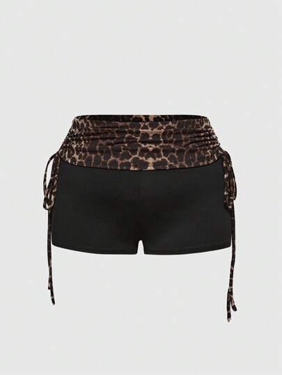 J-Fashion Plus Size Y2K Style Leopard Print Letter Embroidered Contrast Color Drawstring Shorts