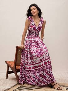 Modelyn 褶皱、收腰、蝴蝶结、休闲度假连衣裙、女士夏季服装、女士夏季连衣裙、女士太阳裙、女士度假服装、波西米亚风格服装、度假服装 - 彩色 - 查看 3