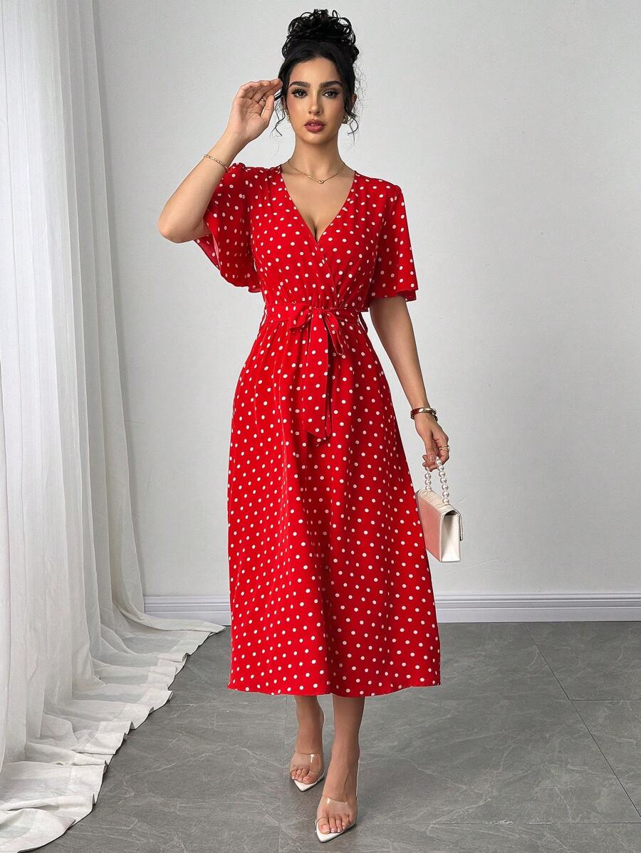 SHEIN LUNE Polka Dot Print V-Neck Tie Waist Elegant Short Sleeve Dress - Red - View 1