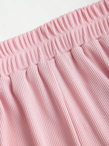 Sweetra Set de 2 piezas de pantalones rectos de cintura elástica y blusa de manga corta con botones de punto acanalado informal a juego para mujer - Rosa - Ver 8
