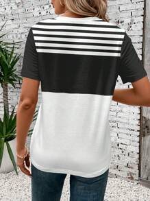 SHEIN LUNE Casual Striped Pattern Round Neck Short Sleeve T-Shirt For Women, Suitable For Summer - Multicolor - View 2