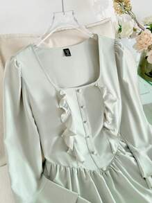 Modelyn Plus Size Women's Spring Solid Color Square Neck Flare Sleeve Ruffle Trim Peplum Top - Green - View 5