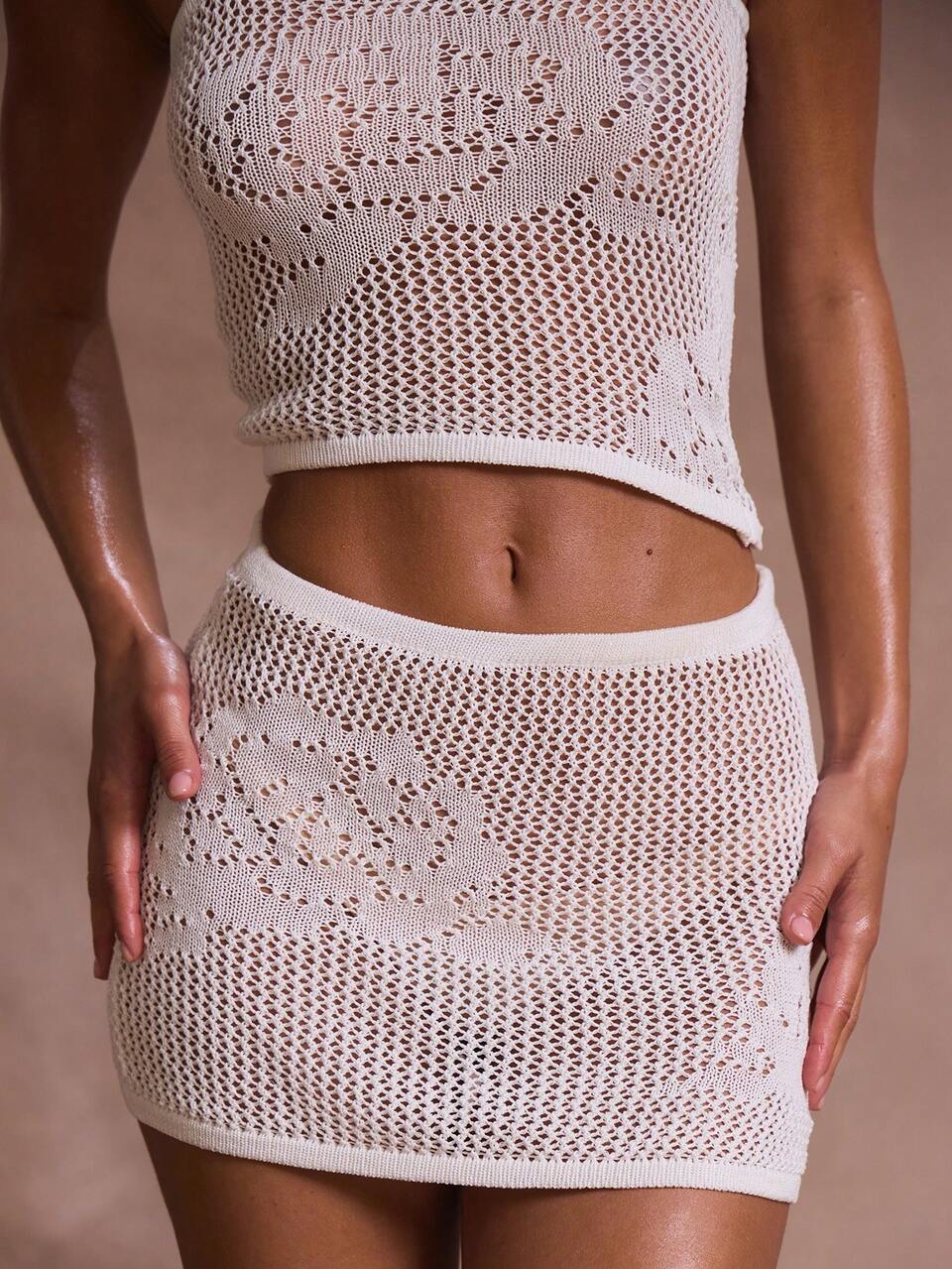 Floral Crochet Cami Top And Mini Skirt Co Ord Summer Vacation Holiday Beach Swim Sexy Elegant Romantic Festival Ibiza Night Out Off-White