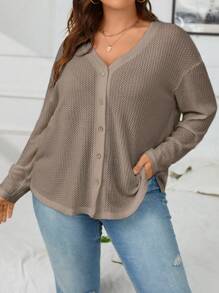 SHEIN LUNE Áo thun Plus size Nút phía trước màu trơn Giải trí - Màu nâu  Mocha - Xem 4
