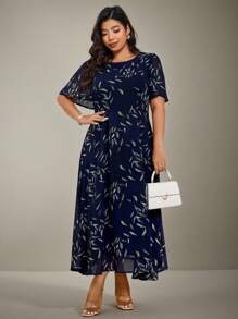 Flouryn Women's Plus Size Elegant Chiffon Printed A-Line Dress Vacation Spring Dress Summer Women Outfit Elegant Formal Women Dresses Easter Women Dress Tea Party Outfit