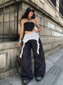 Coolane 女式夏季复古街头风 Y2K 休闲演唱会蕾丝不对称荷叶边低腰宽松降落伞裤