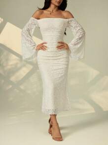 SHEIN PETITE 女士纯色优雅时尚生日服装露肩连衣裙生日礼服适合度假服装女士白色毕业礼服适合日常穿着 - 米色 - 查看 4