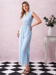 SHEIN Clasi 女士时尚休闲条纹激光刺绣连体裤 - 藍色 - 查看 1