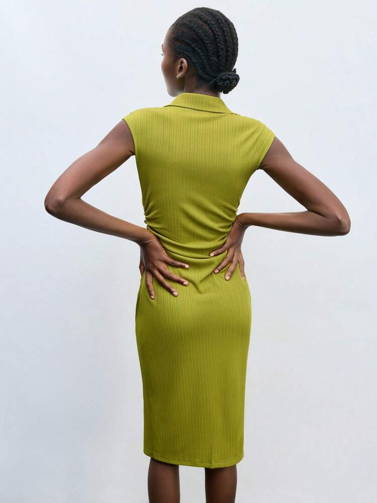 SHEIN Maija Green Shirt Collar Metal Button Detailed Slim Fit Midi Dress, Modern Urban Style For Summer Lime Green Midi Dress Women Slit Midi Dress Side Cut Out Midi Dress Chartreuse Midi Dress Green Midi Dress With Buttons