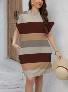 INAWLY 大码撞色条纹休闲蝙蝠袖圆领连衣裙，夏季 - 彩色 - 查看 3