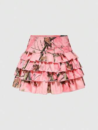 J-Fashion Falda acampanada con estampado de ramas y hojas de varias capas para mujeres